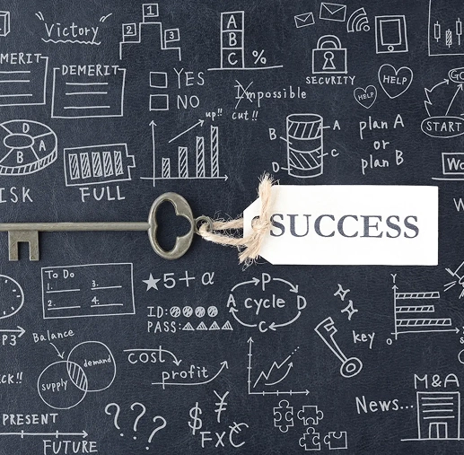 Key unlocking success against a chalkboard of plans and ideas.