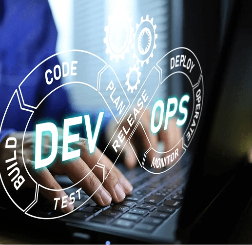 Person working on DevOps with a laptop and digital interface.
